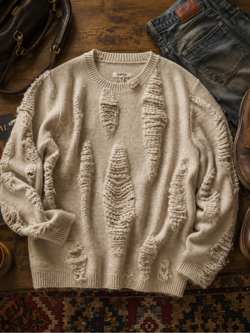 KAPITAL Men's Distressed Crewneck Sweater in Oatmeal Beige Size 0